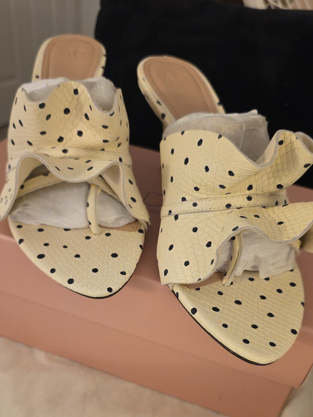 Cream Polka Dot Ruffle Slide Mules - Picture 6 of 7